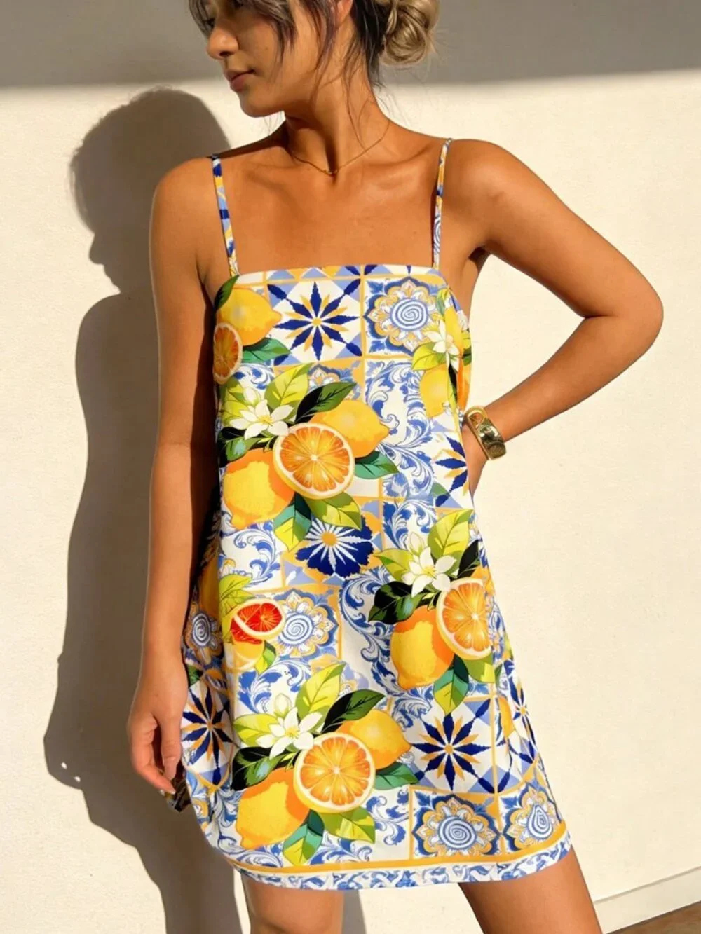 Multicolor Boho Women's Casual Lemon Flower Print Mini Dress